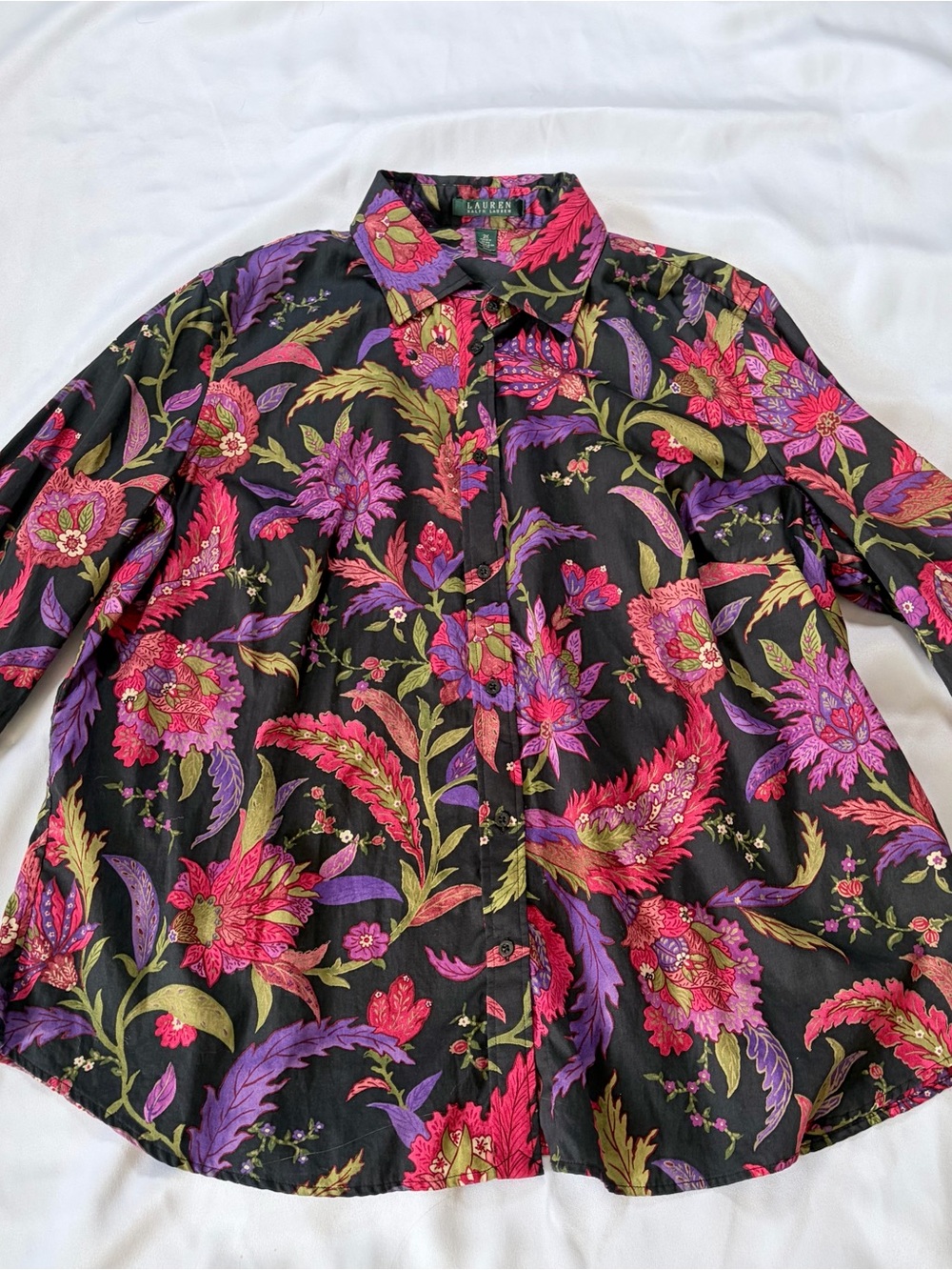 Lauren Ralph Lauren Black Floral Button-Down Shirt with Pink & Purple Blooms